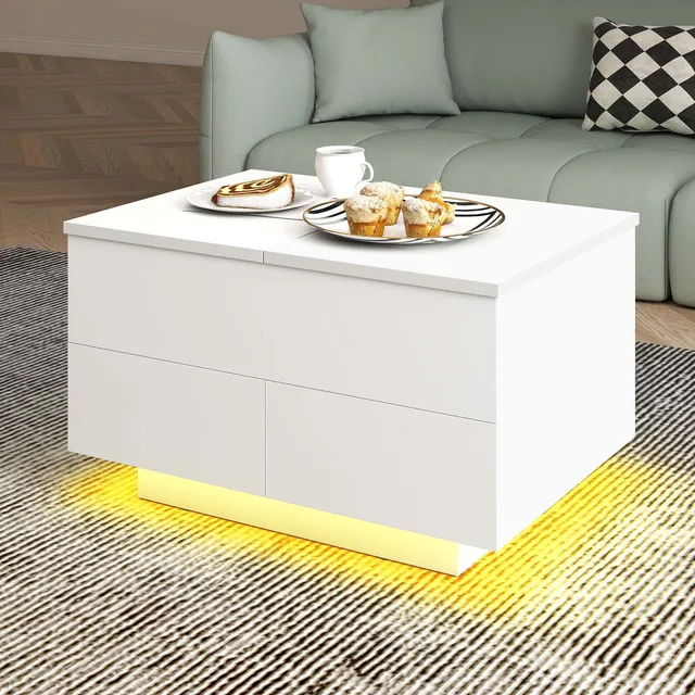 YITAHOME Table basse réglable en hauteur avec rangement - LED 16 couleurs, plateau relevable et tiroirs, blanc, 80 x 55 x 46 cm 1