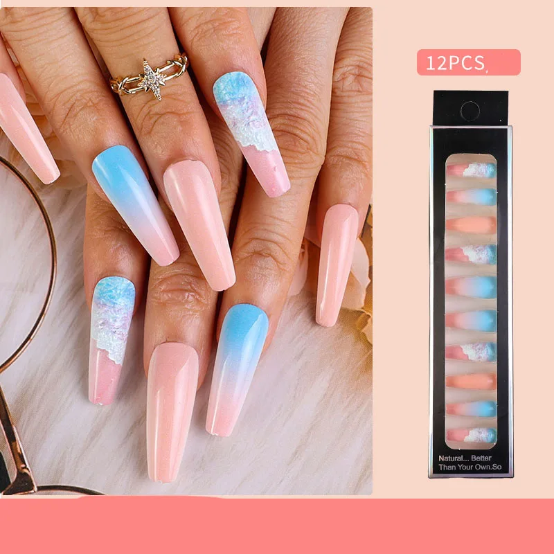 

12 шт., накладные ногти с длинным гроб, темно-синий цветок, акриловые накладные ногти с полным покрытием, накладные ногти с клеем для ногтей