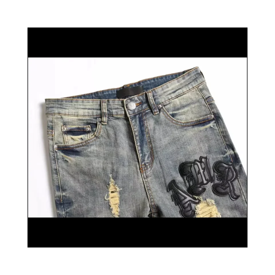 European Jeans With Distressed Patches, Trendy Elastic Slim Fit Leggings, Versatile Men's Pants 3096 4