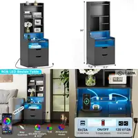 Charging Station Nightstand with LED Lights, Bookshelf, Drawers & Power Outlet for Bedside Storage