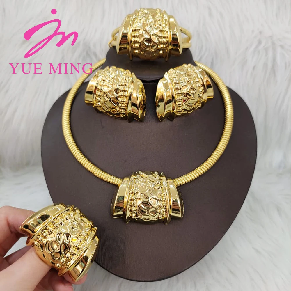 Gold Color Jewelry Sets For Women Earring Necklace Dubai Nigeria Copper Bracelet Rings Bridal Wedding Party Gifts Daily Wear - 6