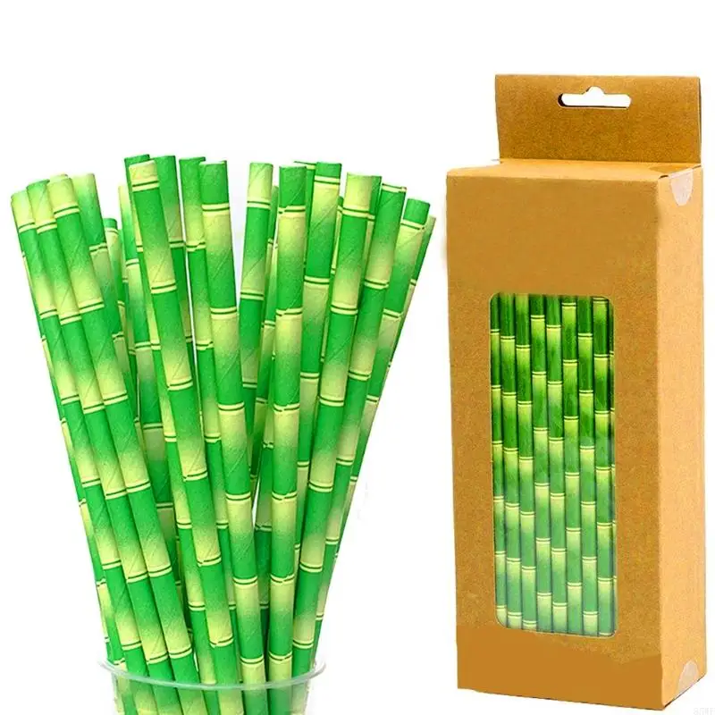 85WF Bamboo Pattern Paper Straws Easy to Use Biodegradable Drinking Straws Gift