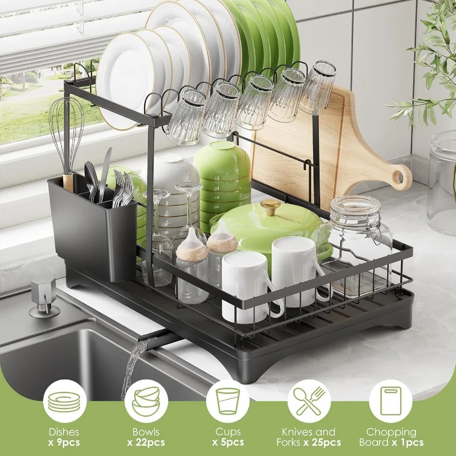 Dish Drying Rack Dish Racks for Kitchen 1 Tier or 2 Tiers Large Dish Drainer Organizer with Utensil Holder Kitchen Counter Orga