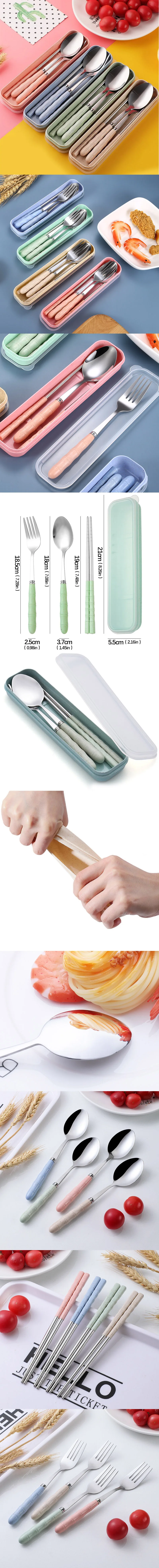 Description Picture 2 of item3pcs/set Tableware Set Stainless Steel Chopsticks Fork Spoon Set Travel Flatware With Box Lunch Tableware Kitchen Accessories