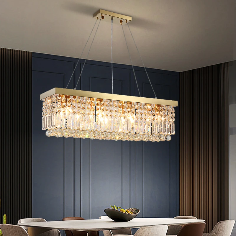 

Luxury Crystal Chandeliers for Living Dining Room Rectangle Led Cristal Pendant Lamp Kitchen Island Gold Hanging Light Fixtures