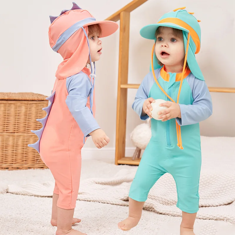 Kids Swimsuits Baby Swimsuit One-Piece Bathing Suit Boy with Sun Cap UPF50 UV Protection Long Sleeve Dinosaur Children's Swimwear for Toddler