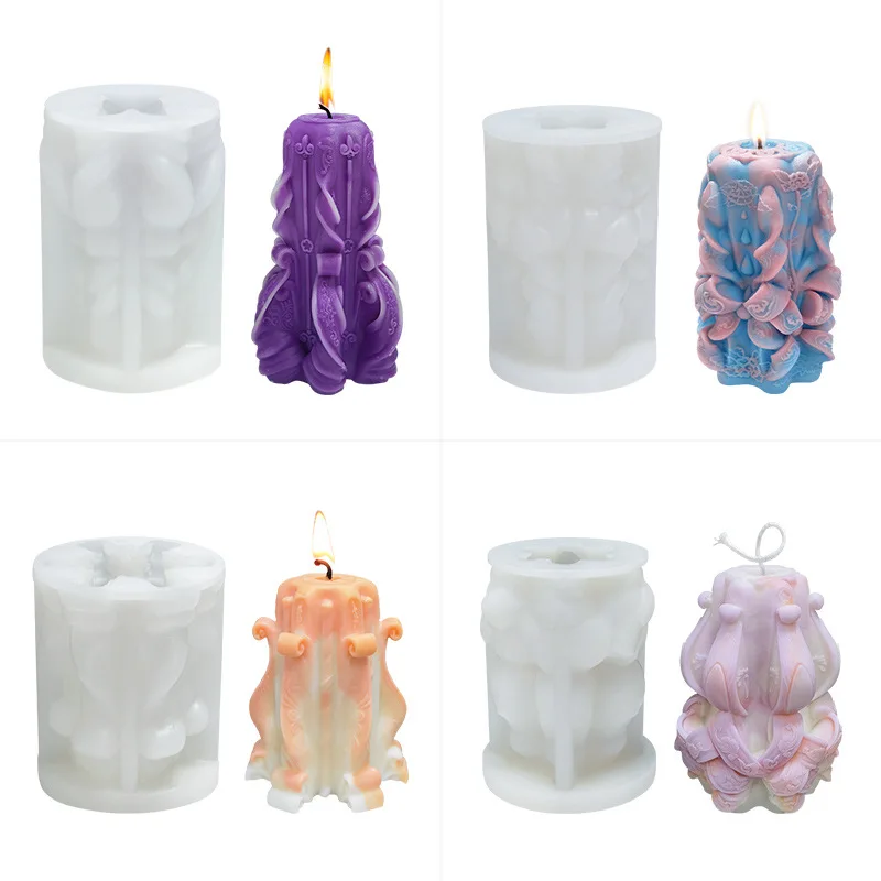 

Cylindrical Carving Flower Candle Mold DIY Handmade Scented Plaster Silicone Mold Auspicious Cloud Flower Mold for Candle Making