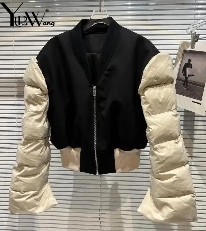 

Yuerwang Women Down Coat Parkas Short Jacket 2022 white duck Color Matching V Neck Off Shoulder Winter Coat High Waist Warm