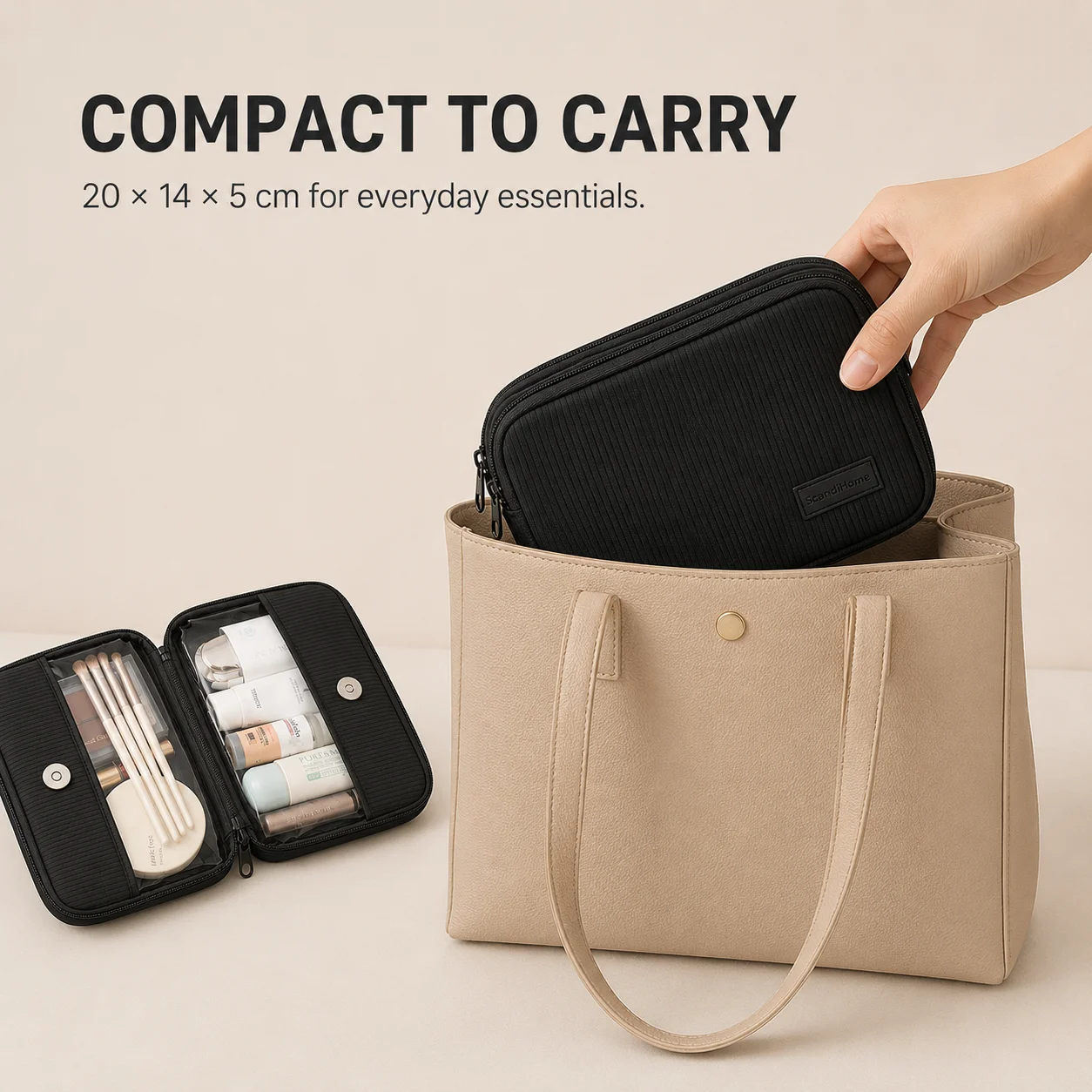 Borsa da Viaggio per Trucchi in PVC Trasparente, Organizer Cosmetico con Scomparti Divisi, Astuccio Portatile per Bellezza in Poliestere Costolato - immagine 4