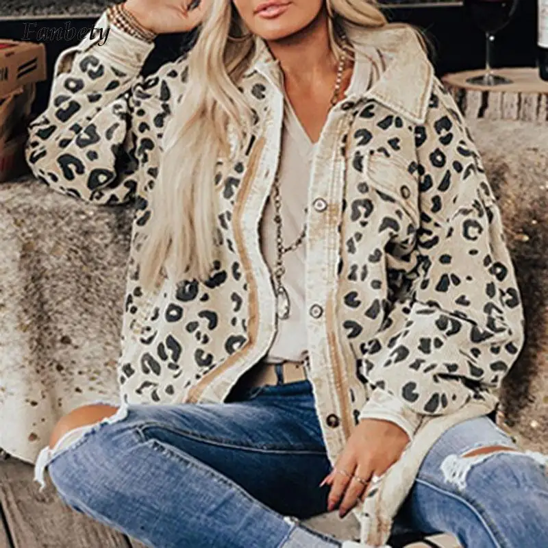 

2022 Fashion Turn-down Colllar Botton Loose Jacket Elegant Leopard Print Cardigan Women Casual Long Sleeve Pocket Irregular Coat