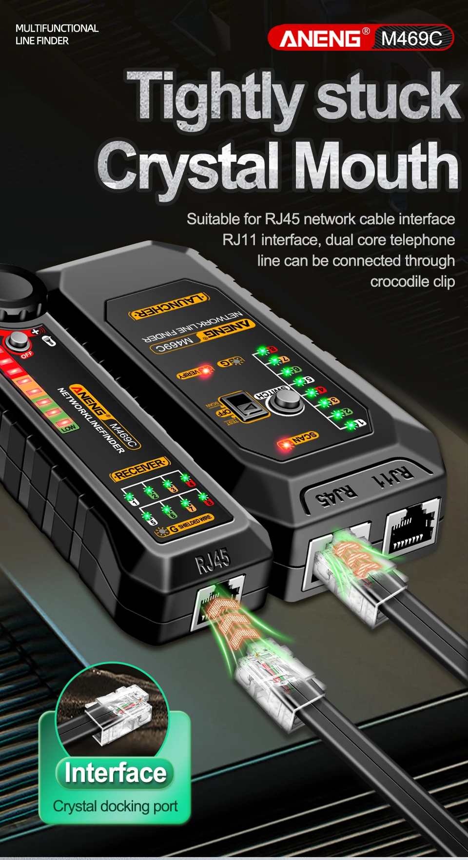 Description Picture 5 of itemANENG M469C Multifunction Network Cable Finder RJ45 RJ11 LAN Cable Tester Networking Tool Trace Measure Network Repair Analyzers