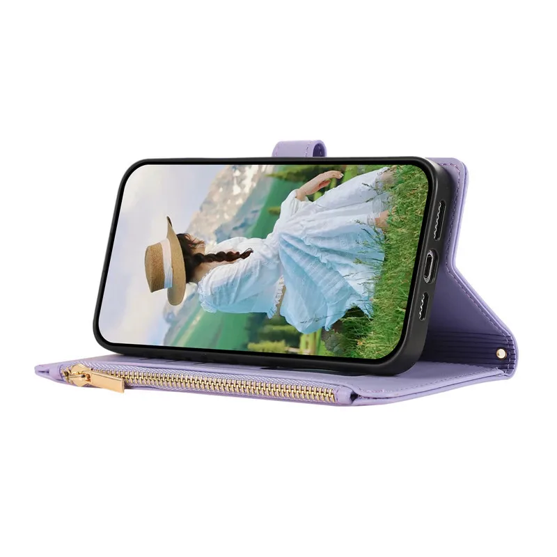 Magnetic Flip Phone Case with Side Zipper & Hanging Rope