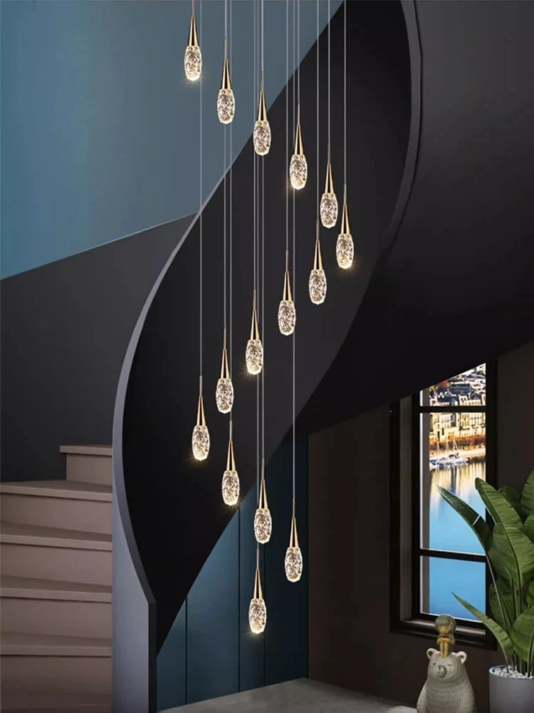 

Modern Home Decoration Staircase Pendant Lights Nordic Loft Apartment Living Room Light Luxury Led Crystal Chandelier Room Decor