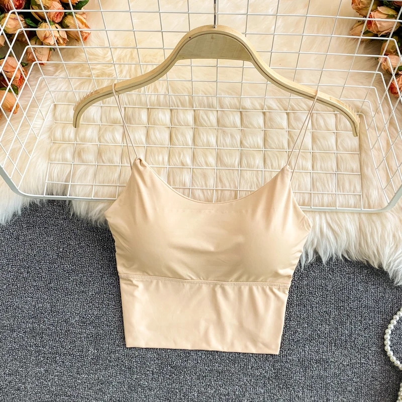 Summer Bra Ice Silk Crop Tops Sports Spaghetti Strap Vest Top Women Sexy Built In Bra Off Shoulder Sleeveless Camisole Underwear images - 6