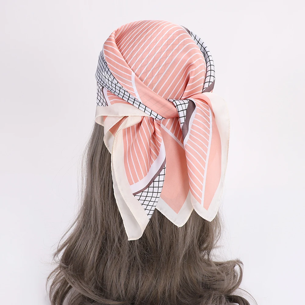 

Man Women Fashion Scarf Geometric Plaid Striped Kerchief Bandana Faux Silk Headband Neck Hairband for Lady 70*70cm