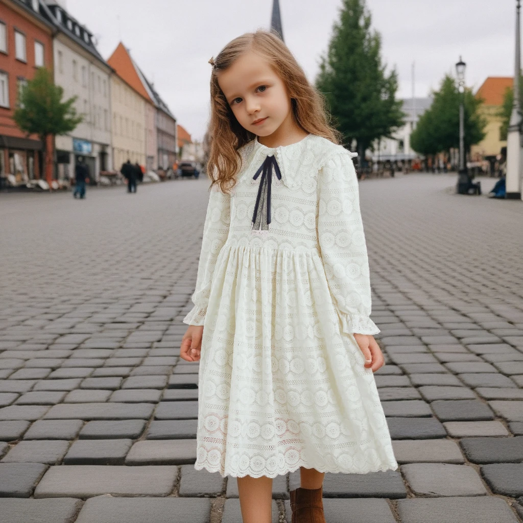 Kinderkleding 2023 Lente Lange Mouw Kant Prinses Jurken Beige