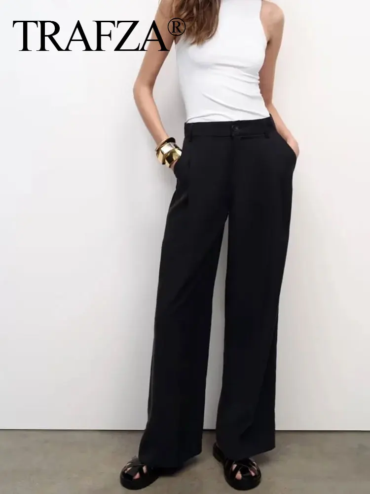 HH Women Casual Solid Pants High Waist Zipper Straight Pants 2024 Female Fashion Trousers Office Lady Wide Leg Pant