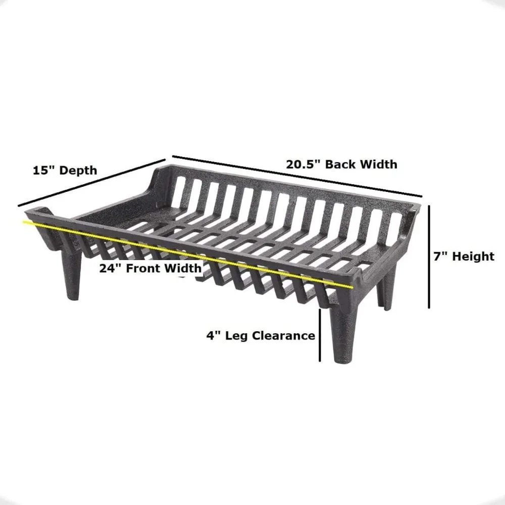 24 inch Fireplace Grate Heavy Duty, Cast Iron Fire Grate-24" W x 15" D x 7" H