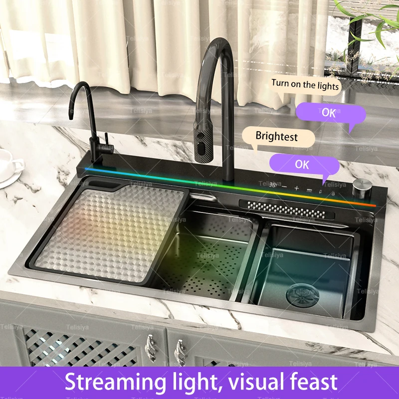 Stainless Steel Waterfall Kitchen Sink AI voice-controlled Large Single Slot Multifunctional Dishwashing Vegetable WashBasin