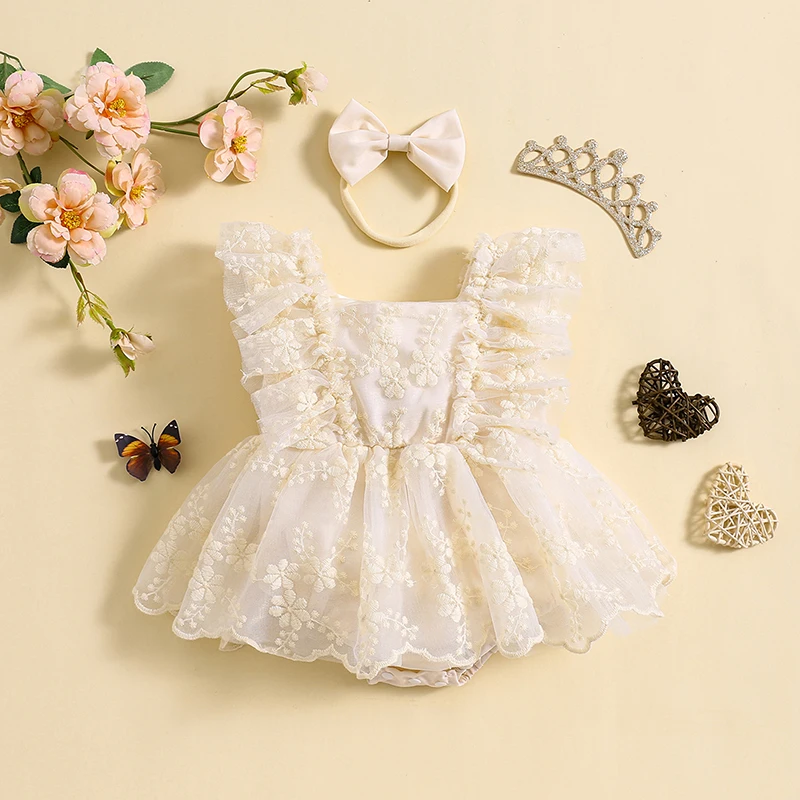 

0-24M Infant Baby Girls Lace Romper Dress Newborn Summer Outfits Cute Ruffle Sleeve Square Neck Print Jumpsuit with Headband Set