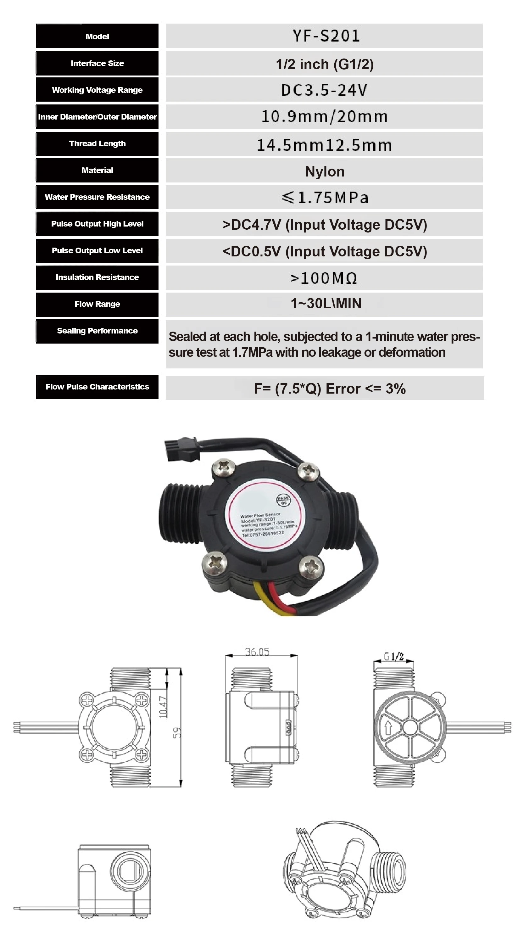 ZJ-LCD-M G1/2 digital flow control meter 0.1-9999L/gal S201 flow meter 1-30L/min