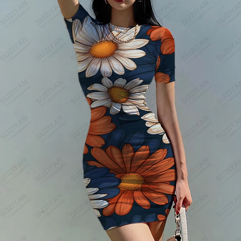 

Платье женское с круглым вырезом и коротким рукавом, модное уличное летнее платье в стиле Харадзюку С 3D-принтом ромашки