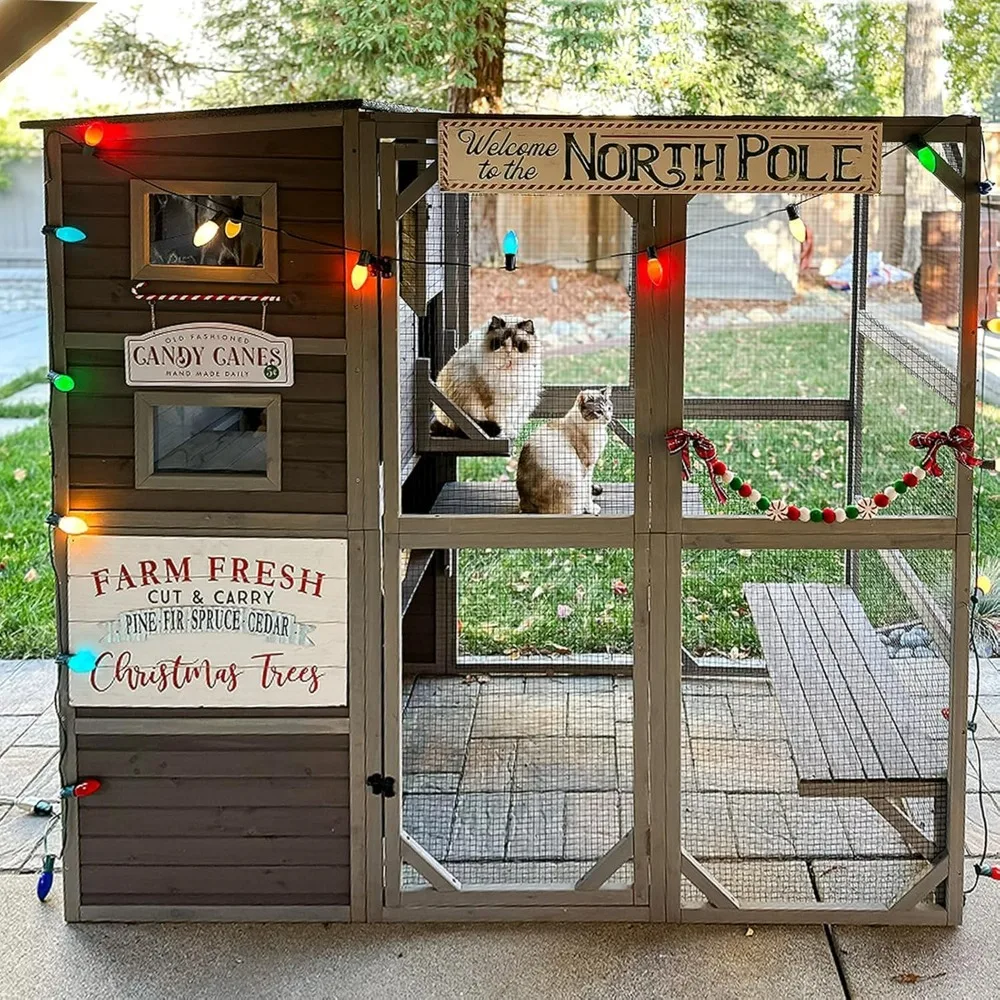 Cat House, Cat Enclosure Outdoor Wooden House Large Catio Vertial Kitten Kennel Cats Cage 4 Tiers 77" L X 36" W X 69" H