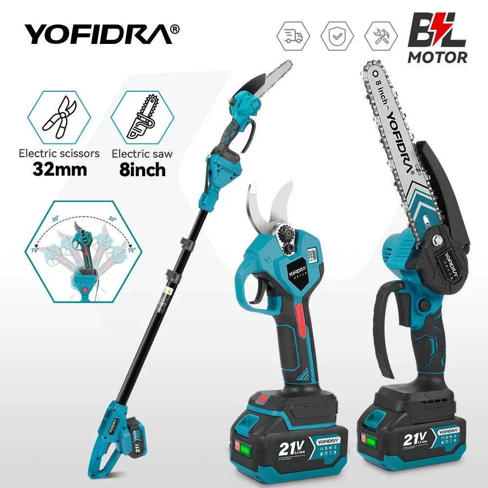 YOFIDRA Brushless Electric Chainsaw Pruner Shear Scissors Telescoping Pole High Garden Pruning Tool For Makita 21V Battery Pin