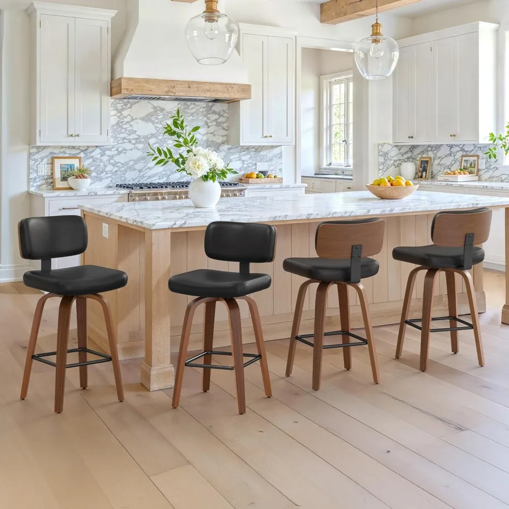 Set of 4 Swivel Counter Height Bar Stools – Mid-Century PU Leather, Walnut Legs 1