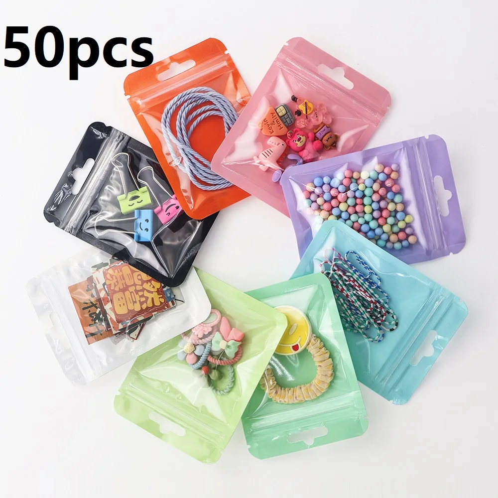 50Pcs Transparent Colorful Plastic Mylar Bags Hair Jewelry Storage Bags Commodity Packaging Self-Sealing