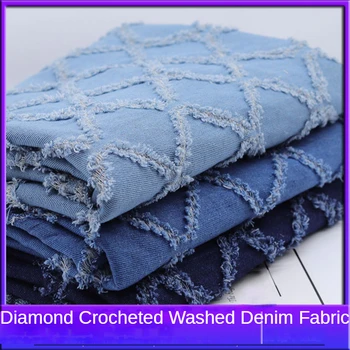 Washed Denim Fabric Lingge Hook Flower Jacquard By The Meter for Clothes Coats Diy Sewing High-grade Plain Thickened Cloth Blue 1