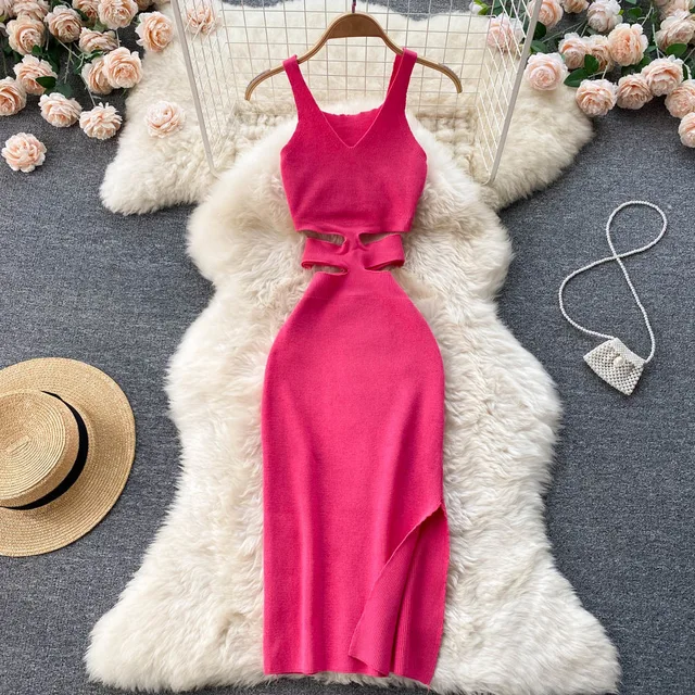 YuooMuoo-vestido ceñido con abertura en la cintura para mujer, traje Sexy de punto a la moda, ceñido a las caderas, ideal para fiesta de verano - Imagen 4