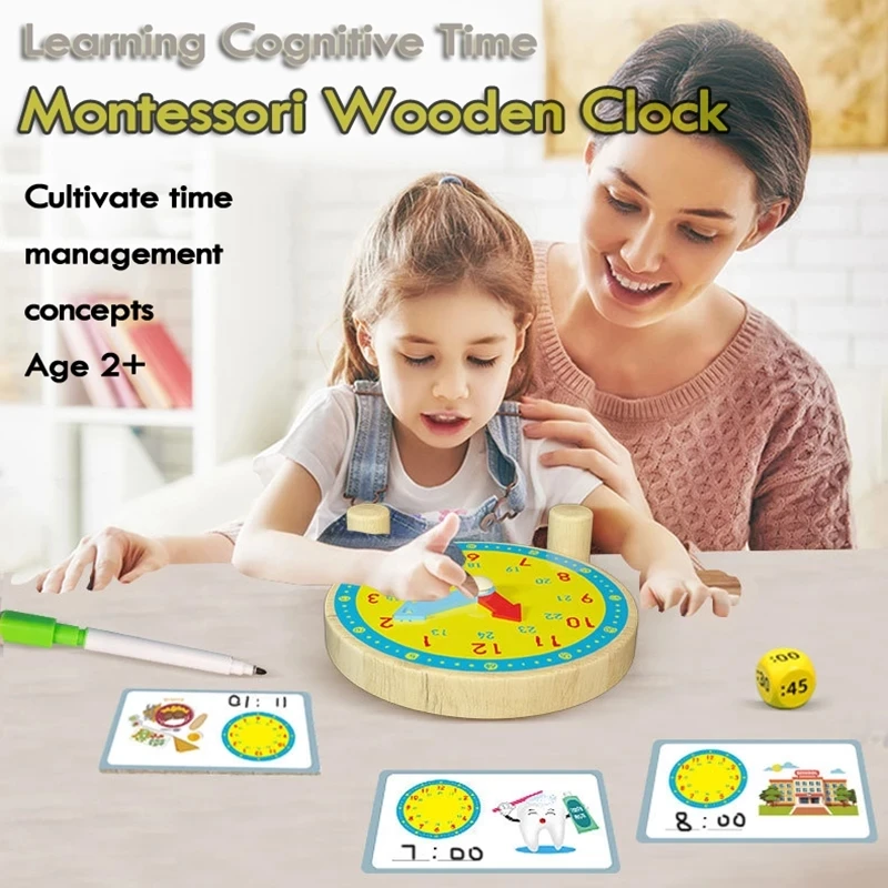 Wooden Clock Dice Montessori Math Toys Time Activity Set Time Matching Puzzle Preschool Tactile Learning Clock Educational Toys 2