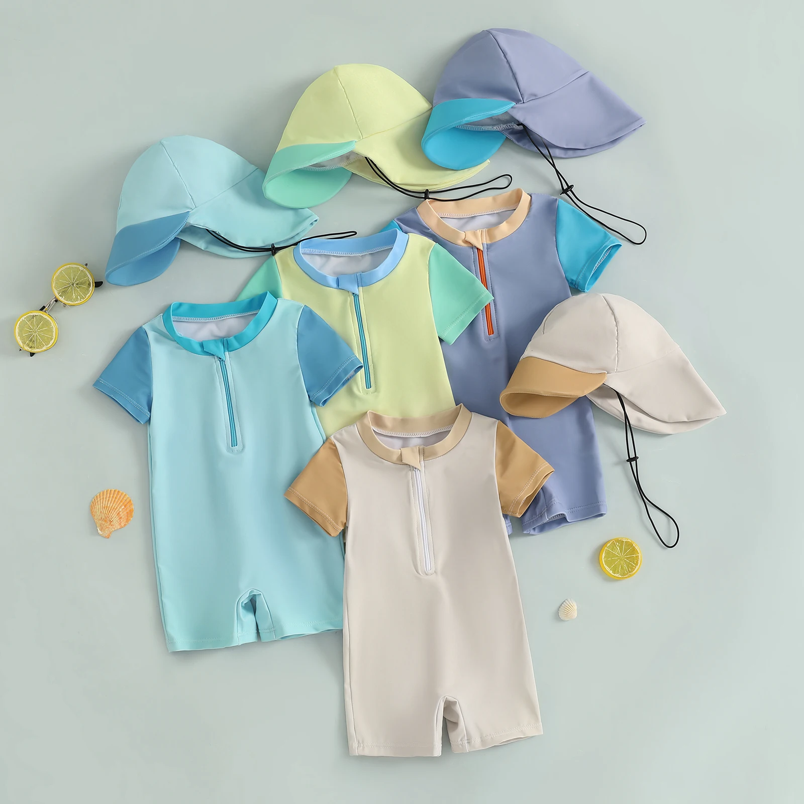 MISOWMNJOY Children Boy Swimwear Beach Wear Fashion Rash Guard Swimsuits with Hat Contrast Color Long Sleeve Zip Up Bathing Suit