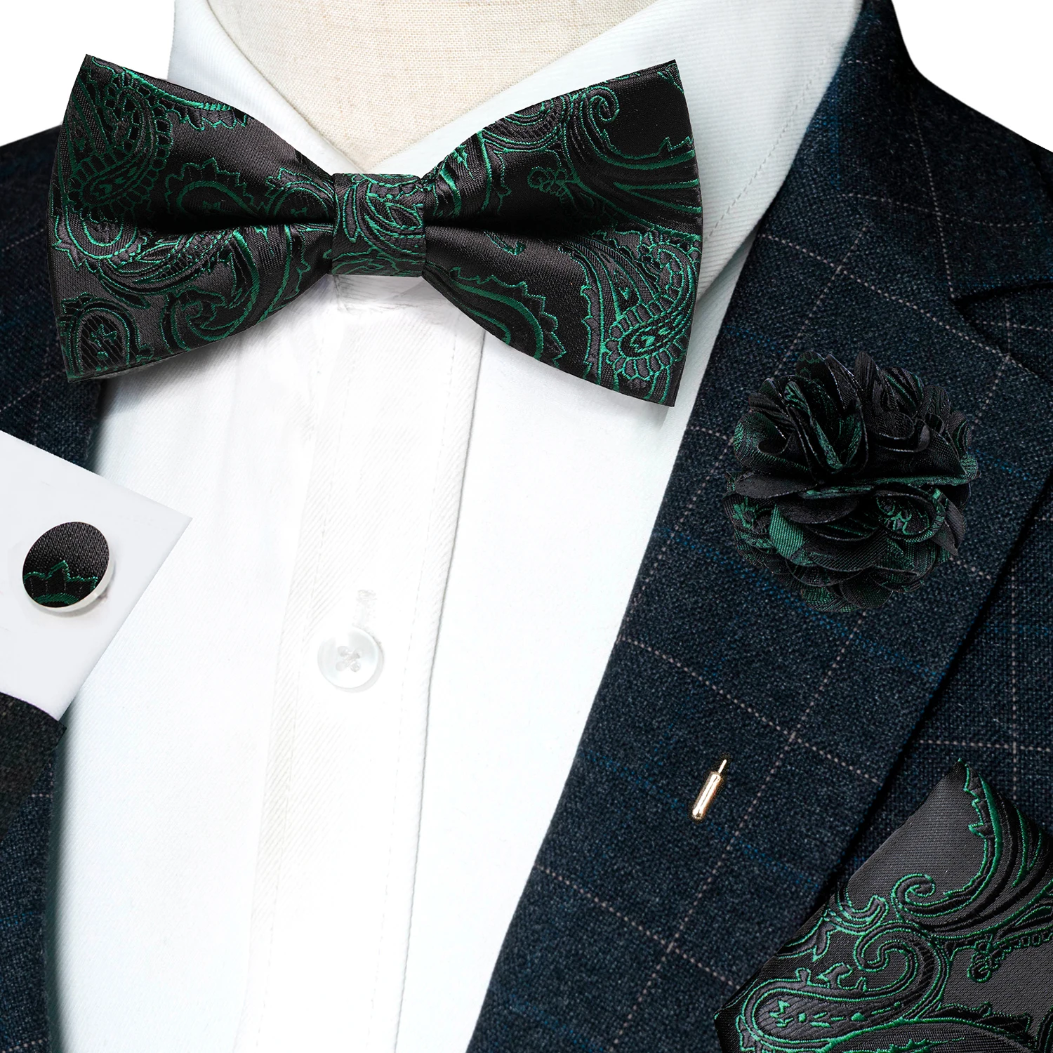 Classic Mens Bow Tie Brown Jacquard Paisley Bowtie Hanky Cufflinks Brooch Set Wedding party Butterfly Knot Gift Man Accessories