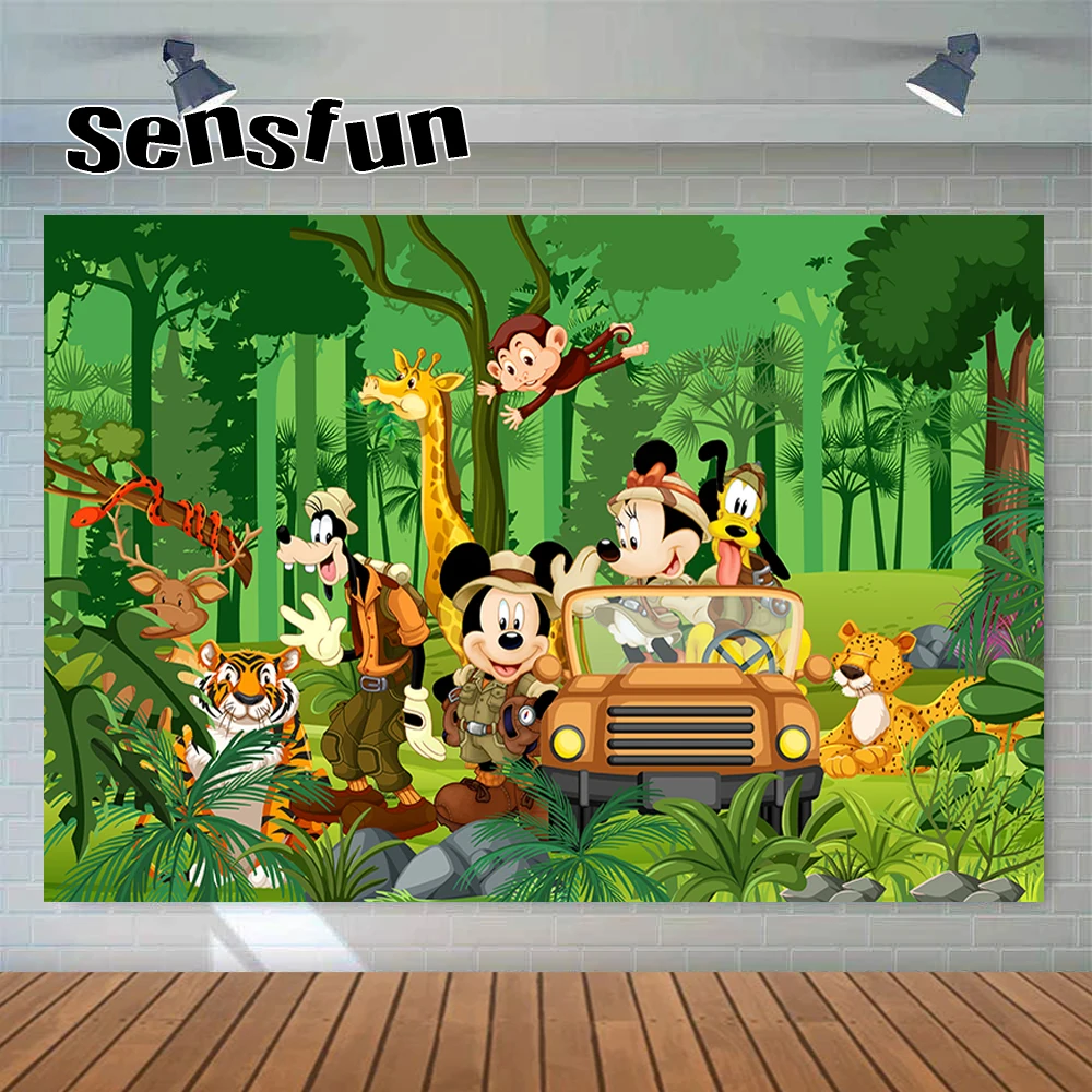 Topolino Safari Jungle Party Fondali Green Forest Car Animals Boys Baby Shower Happy Birthday Photography Background
