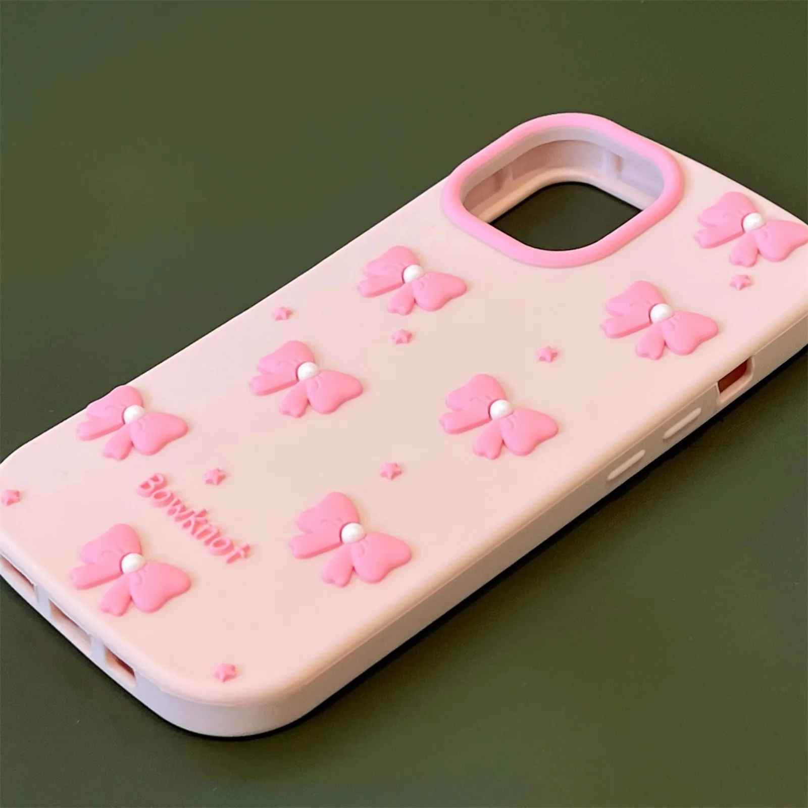 Cute Cartoon Pink Pearl Bow Shockproof Silicone Phone Case - Soft and Luxurious Protection