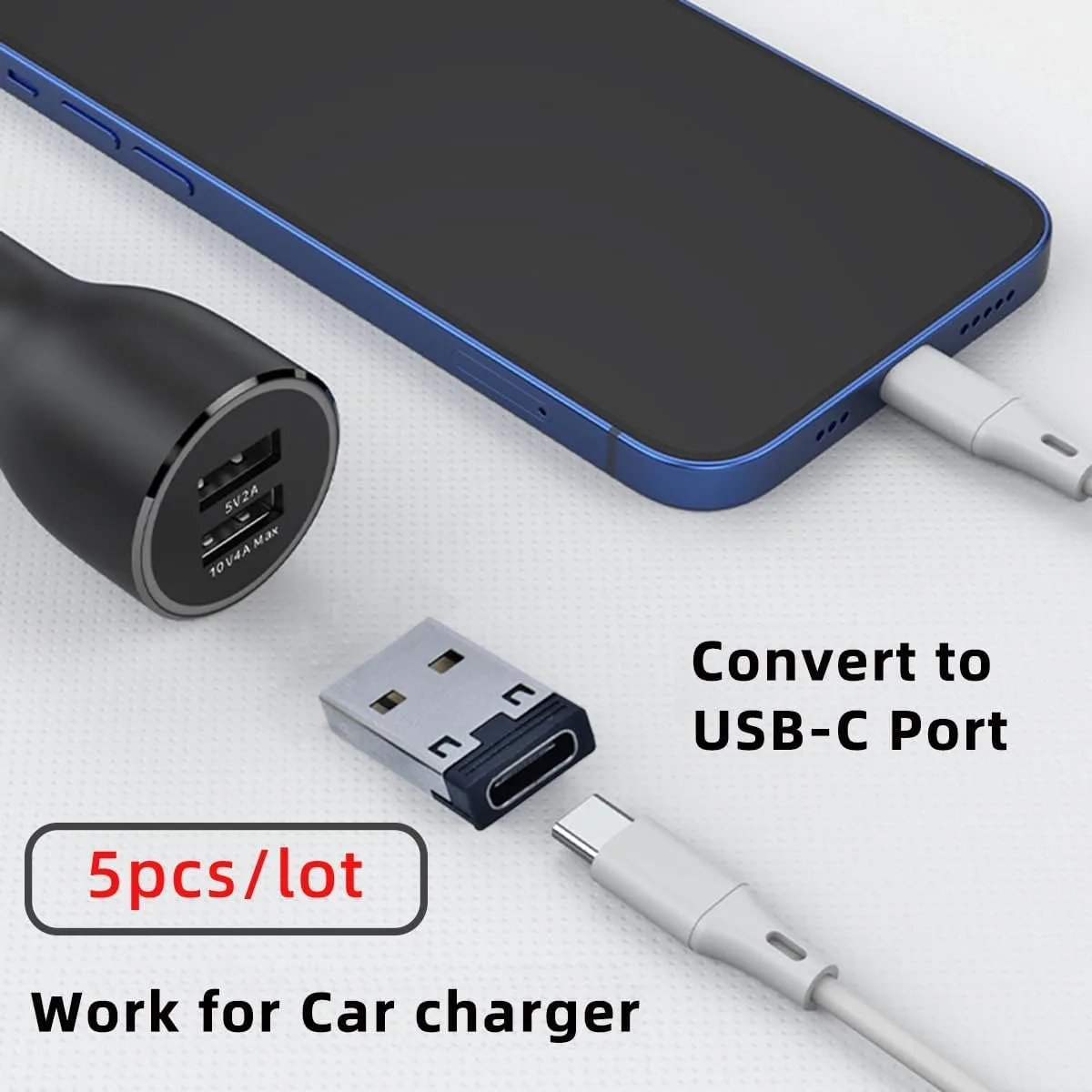 5Pac 풀 타이트 USB to USB C 어댑터, USB 타입 A(수) to USB 타입 C(암) 변환, PC/Mac/차량용 충전기/DC 어댑터에 타입 C를 추가하세요