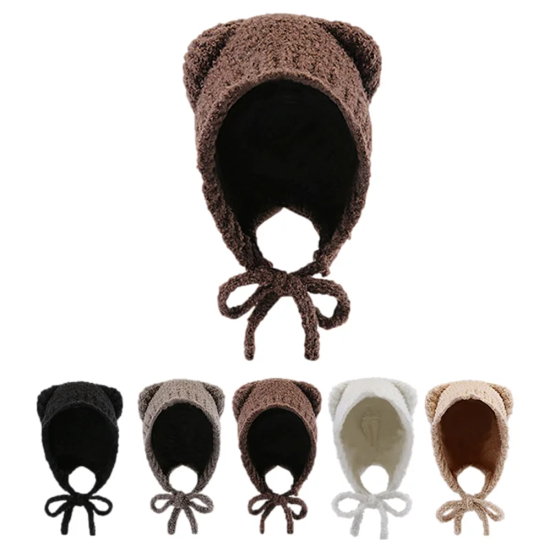 

Women's Bear Ear Hat with Rope Autumn Winter Fashion Knitted Hats Korean Y2K Bonnet Outdoor Warm Ear Protection Plush Woolen Cap