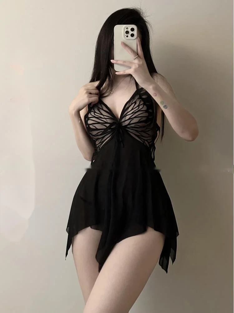 

WOMENGAGA Spicy Girl Butterfly V Neck Sexy Temptation Hollow Out Strap Backless Lace Mesh Transparent Mini Dress Women Tops E9JB