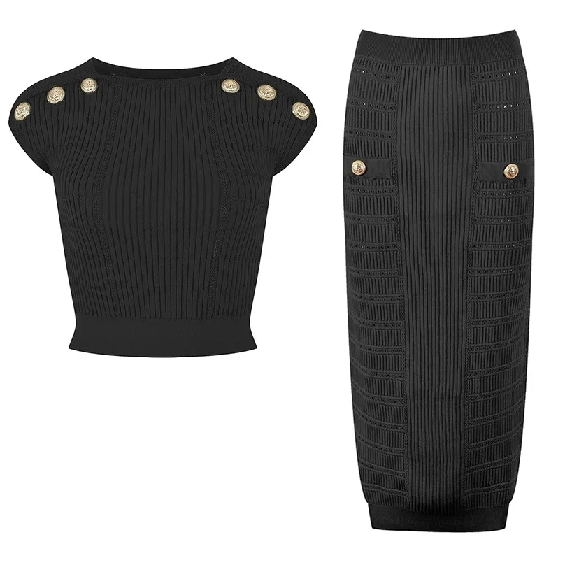 

Women 2Pcs Long Skirt Suit Short Vest Crop Tops Slim Elastic Elegant 2 Colors White And Black Twin Sets