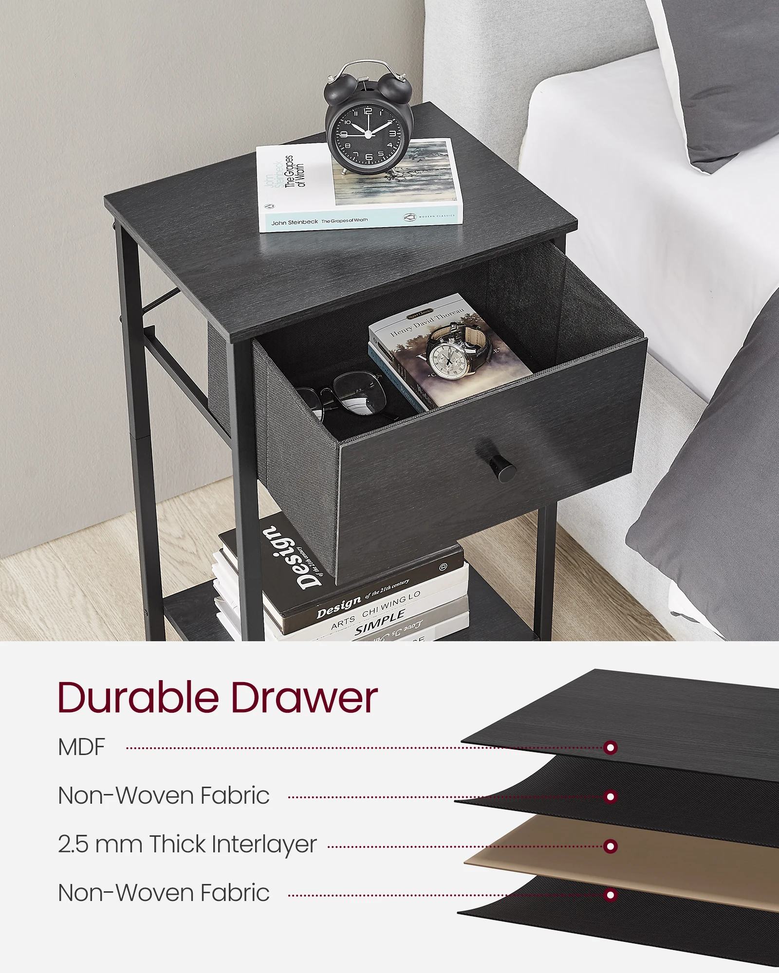 VASAGLE Nightstand, Side Table with Fabric Drawer, 24-Inch Tall End Table with Storage Shelf 4