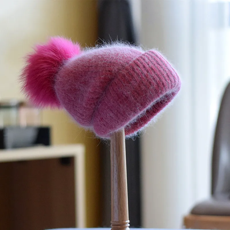 Winter Women's Real Fox Fur Pom-Pom Knitted Beanie Cap with Rabbit Fur Trim and Cashmere Touch