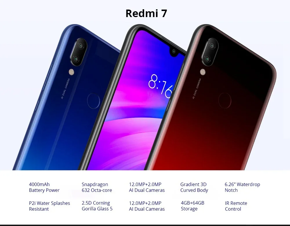 Xiaomi-Redmi 7 / 6 / 6 pro Smartphone,Google Play, 6.26, Android, 4000mAh, Fingerprint, Qualcomm, SDM632, Snapdragon 632
