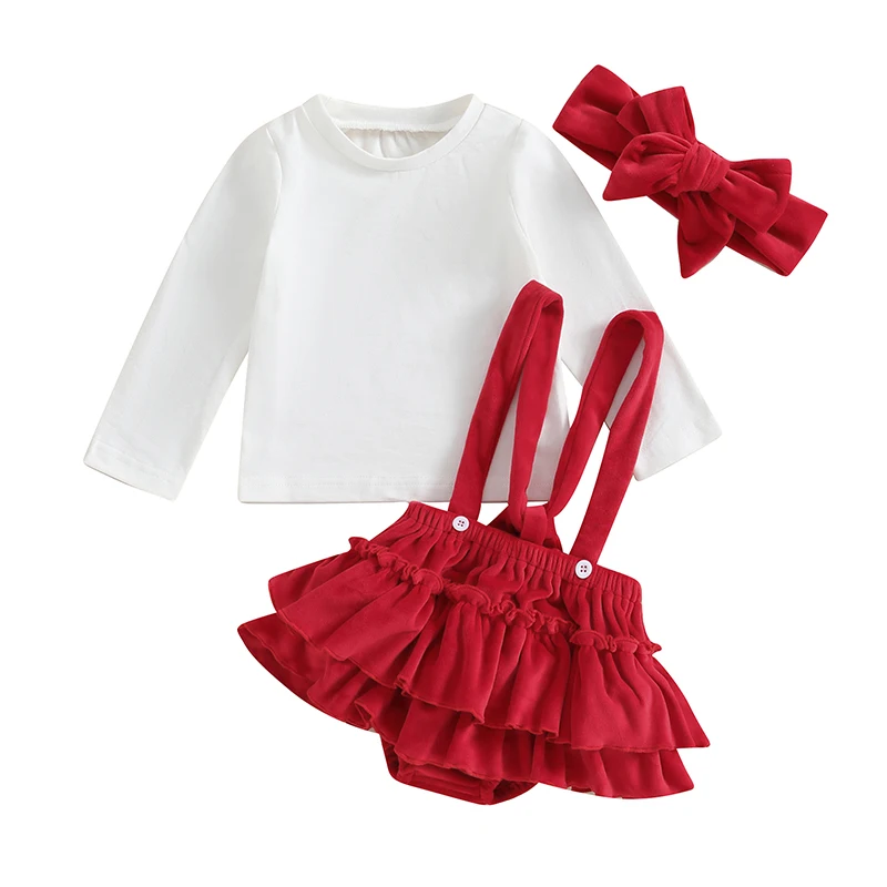 

Baby Girls Christmas Outfit, Long Sleeve T-shirt with Layered Suspender Shorts and Bow Hairband