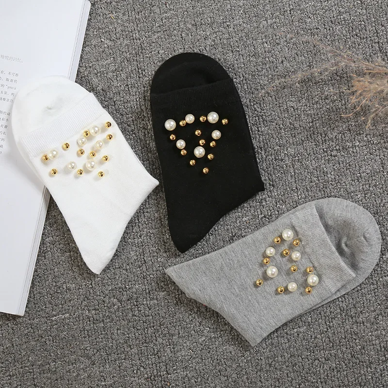 Fashion Women Solid Color Casual Socks w/ Pearls Decoration Ladies Short Cotton Socks 2