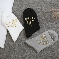 Fashion Women Solid Color Casual Socks w/ Pearls Decoration Ladies Short Cotton Socks 2