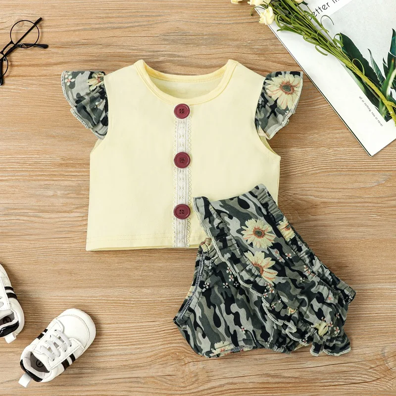 

sets for little girls baby clothes new born Summer Children's Leisure Cotton Sleeveless Green Printed Pullover Two-piece Set