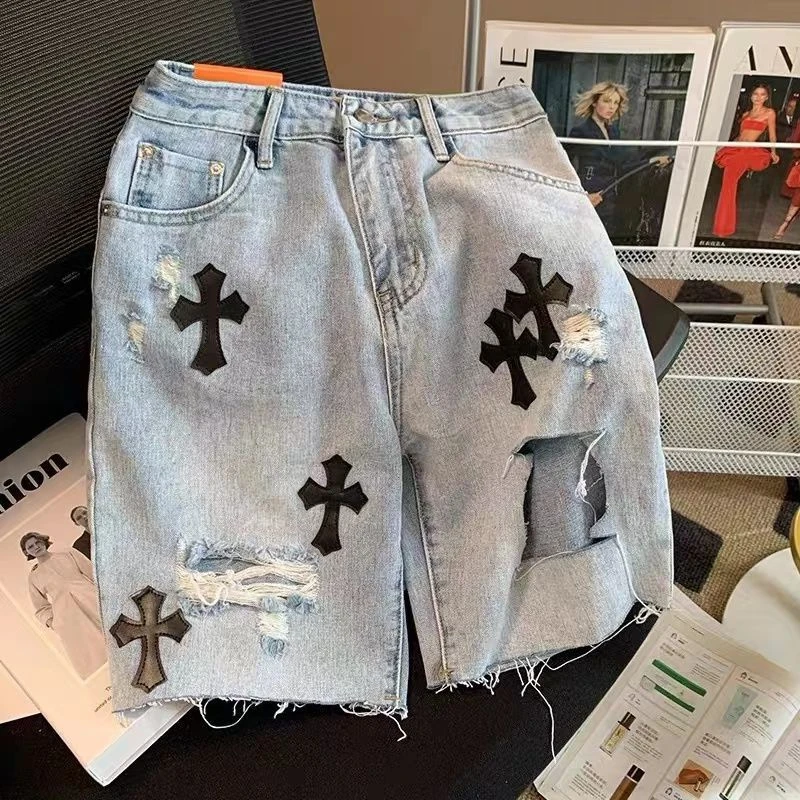 Y2K Ripped Denim Shorts European and American High Street Cross Jeans Hip-hop Boyfriend Straight Loose Wide-leg Pants Ins Hot