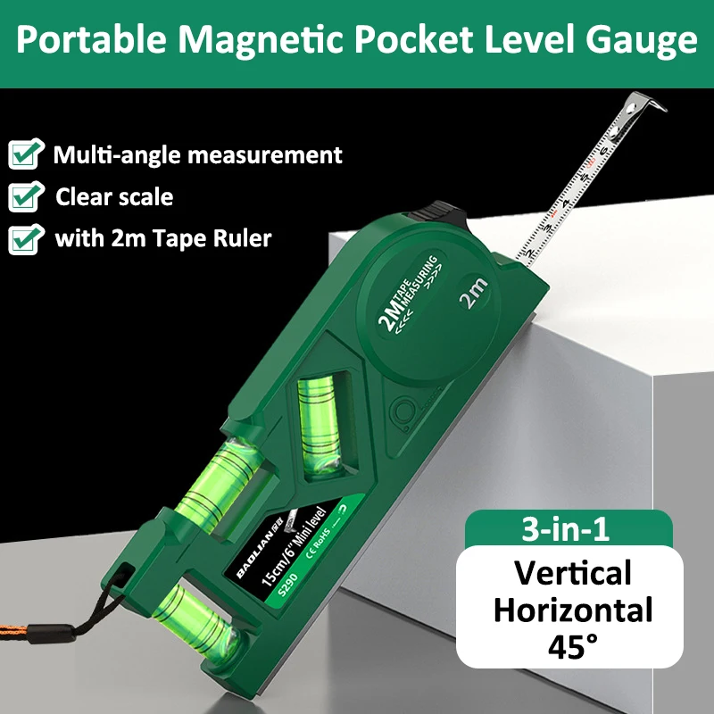 Mini Level Gauge High-precision 0/45/90 Degree Measure Protractor with 2m Tape Ruler Portable Magnetic Pocket Level Gauge